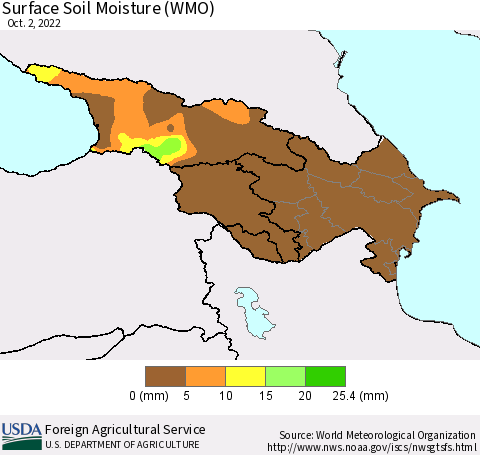 Azerbaijan, Armenia and Georgia Surface Soil Moisture (WMO) Thematic Map For 9/26/2022 - 10/2/2022