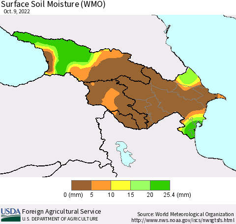 Azerbaijan, Armenia and Georgia Surface Soil Moisture (WMO) Thematic Map For 10/3/2022 - 10/9/2022