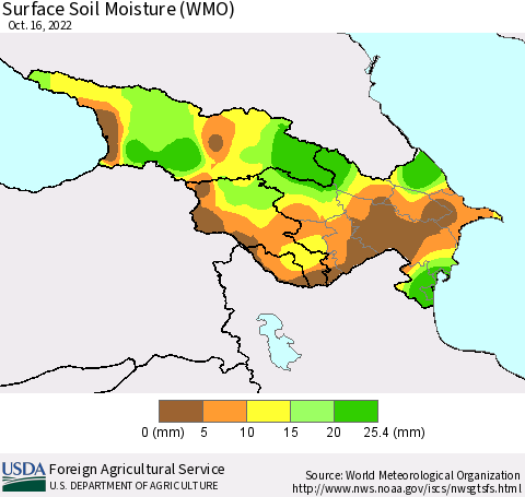 Azerbaijan, Armenia and Georgia Surface Soil Moisture (WMO) Thematic Map For 10/10/2022 - 10/16/2022