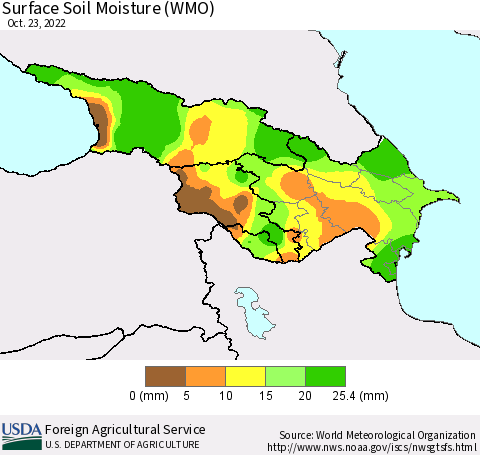 Azerbaijan, Armenia and Georgia Surface Soil Moisture (WMO) Thematic Map For 10/17/2022 - 10/23/2022