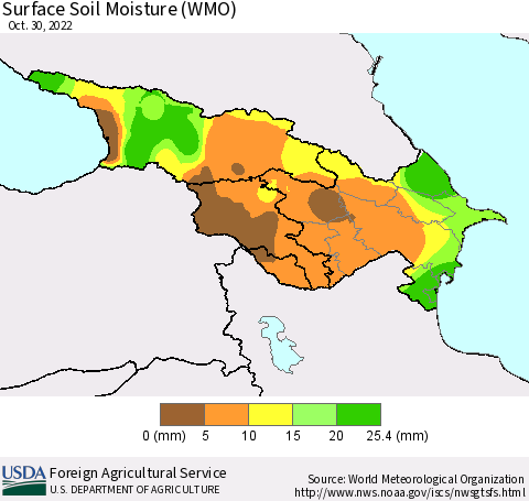 Azerbaijan, Armenia and Georgia Surface Soil Moisture (WMO) Thematic Map For 10/24/2022 - 10/30/2022