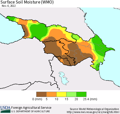 Azerbaijan, Armenia and Georgia Surface Soil Moisture (WMO) Thematic Map For 10/31/2022 - 11/6/2022