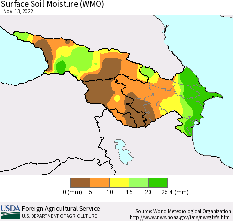 Azerbaijan, Armenia and Georgia Surface Soil Moisture (WMO) Thematic Map For 11/7/2022 - 11/13/2022