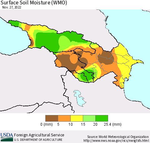 Azerbaijan, Armenia and Georgia Surface Soil Moisture (WMO) Thematic Map For 11/21/2022 - 11/27/2022