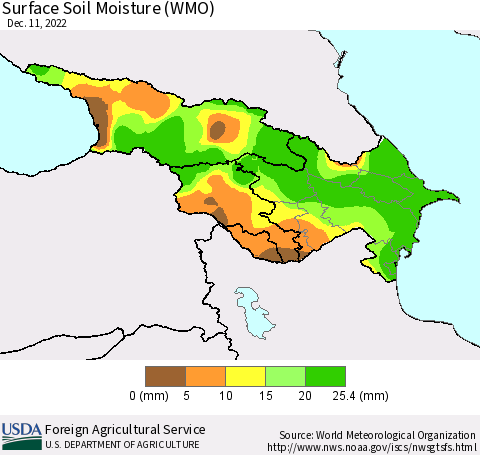 Azerbaijan, Armenia and Georgia Surface Soil Moisture (WMO) Thematic Map For 12/5/2022 - 12/11/2022