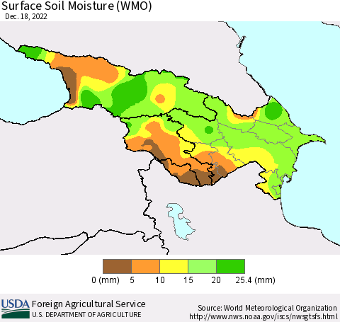 Azerbaijan, Armenia and Georgia Surface Soil Moisture (WMO) Thematic Map For 12/12/2022 - 12/18/2022