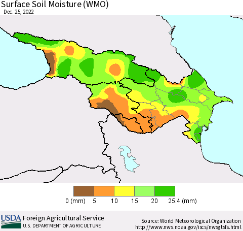 Azerbaijan, Armenia and Georgia Surface Soil Moisture (WMO) Thematic Map For 12/19/2022 - 12/25/2022