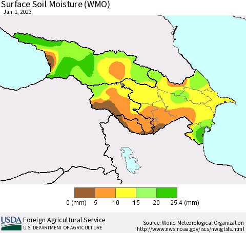 Azerbaijan, Armenia and Georgia Surface Soil Moisture (WMO) Thematic Map For 12/26/2022 - 1/1/2023