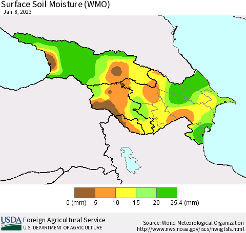 Azerbaijan, Armenia and Georgia Surface Soil Moisture (WMO) Thematic Map For 1/2/2023 - 1/8/2023