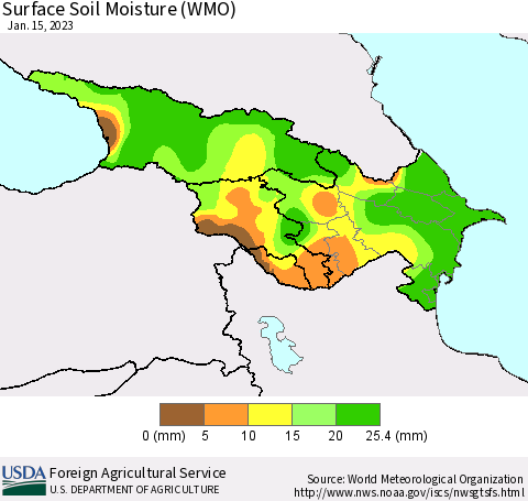Azerbaijan, Armenia and Georgia Surface Soil Moisture (WMO) Thematic Map For 1/9/2023 - 1/15/2023