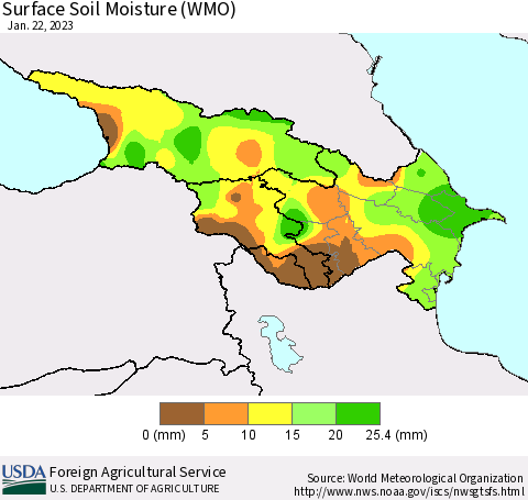 Azerbaijan, Armenia and Georgia Surface Soil Moisture (WMO) Thematic Map For 1/16/2023 - 1/22/2023