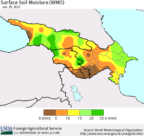 Azerbaijan, Armenia and Georgia Surface Soil Moisture (WMO) Thematic Map For 1/23/2023 - 1/29/2023