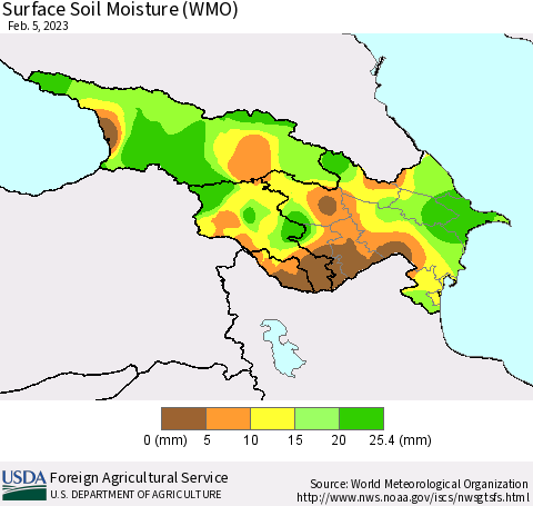 Azerbaijan, Armenia and Georgia Surface Soil Moisture (WMO) Thematic Map For 1/30/2023 - 2/5/2023