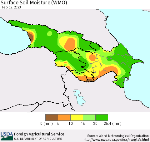 Azerbaijan, Armenia and Georgia Surface Soil Moisture (WMO) Thematic Map For 2/6/2023 - 2/12/2023