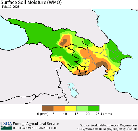 Azerbaijan, Armenia and Georgia Surface Soil Moisture (WMO) Thematic Map For 2/13/2023 - 2/19/2023