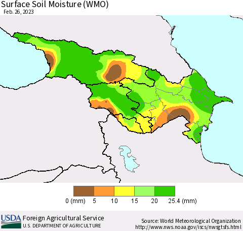 Azerbaijan, Armenia and Georgia Surface Soil Moisture (WMO) Thematic Map For 2/20/2023 - 2/26/2023