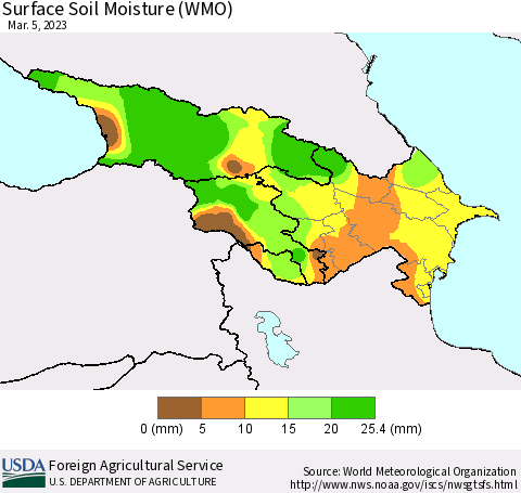 Azerbaijan, Armenia and Georgia Surface Soil Moisture (WMO) Thematic Map For 2/27/2023 - 3/5/2023