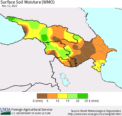 Azerbaijan, Armenia and Georgia Surface Soil Moisture (WMO) Thematic Map For 3/6/2023 - 3/12/2023
