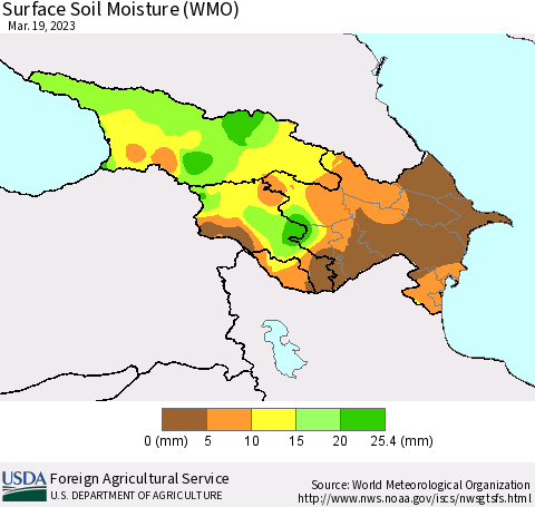 Azerbaijan, Armenia and Georgia Surface Soil Moisture (WMO) Thematic Map For 3/13/2023 - 3/19/2023