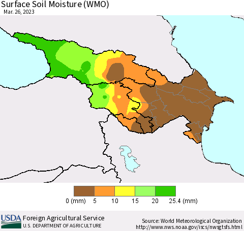 Azerbaijan, Armenia and Georgia Surface Soil Moisture (WMO) Thematic Map For 3/20/2023 - 3/26/2023