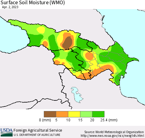 Azerbaijan, Armenia and Georgia Surface Soil Moisture (WMO) Thematic Map For 3/27/2023 - 4/2/2023