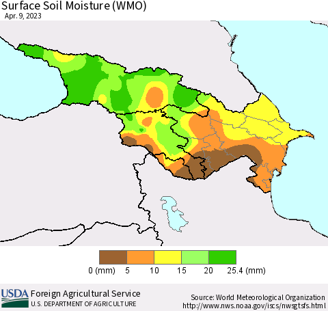 Azerbaijan, Armenia and Georgia Surface Soil Moisture (WMO) Thematic Map For 4/3/2023 - 4/9/2023