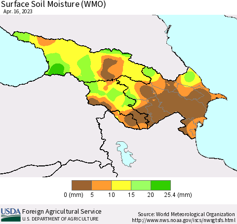 Azerbaijan, Armenia and Georgia Surface Soil Moisture (WMO) Thematic Map For 4/10/2023 - 4/16/2023