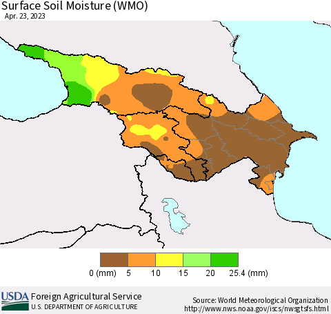 Azerbaijan, Armenia and Georgia Surface Soil Moisture (WMO) Thematic Map For 4/17/2023 - 4/23/2023