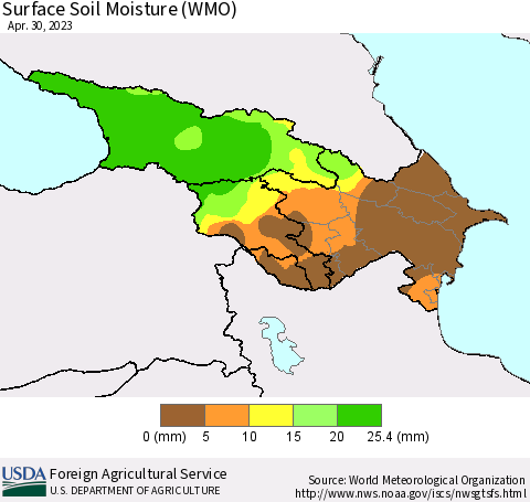 Azerbaijan, Armenia and Georgia Surface Soil Moisture (WMO) Thematic Map For 4/24/2023 - 4/30/2023