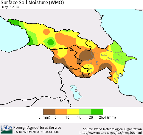 Azerbaijan, Armenia and Georgia Surface Soil Moisture (WMO) Thematic Map For 5/1/2023 - 5/7/2023