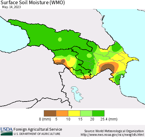 Azerbaijan, Armenia and Georgia Surface Soil Moisture (WMO) Thematic Map For 5/8/2023 - 5/14/2023