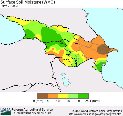 Azerbaijan, Armenia and Georgia Surface Soil Moisture (WMO) Thematic Map For 5/15/2023 - 5/21/2023