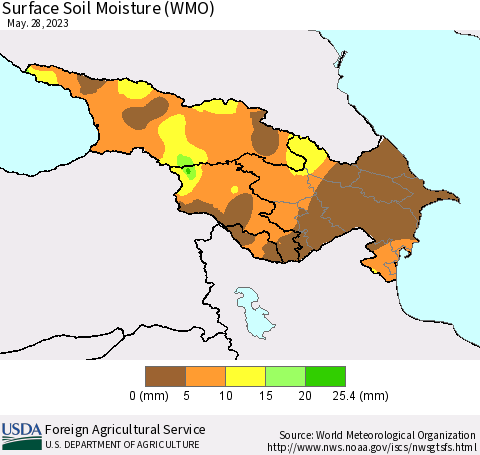 Azerbaijan, Armenia and Georgia Surface Soil Moisture (WMO) Thematic Map For 5/22/2023 - 5/28/2023