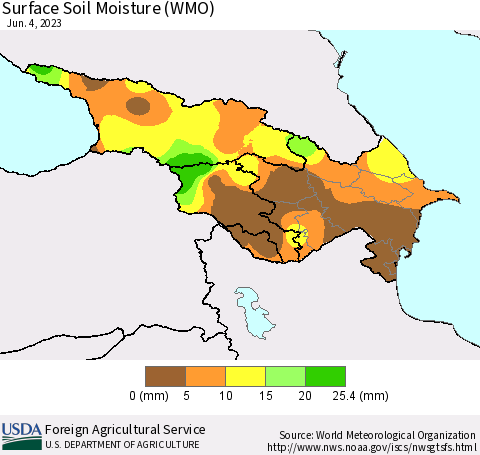 Azerbaijan, Armenia and Georgia Surface Soil Moisture (WMO) Thematic Map For 5/29/2023 - 6/4/2023