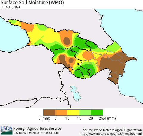 Azerbaijan, Armenia and Georgia Surface Soil Moisture (WMO) Thematic Map For 6/5/2023 - 6/11/2023