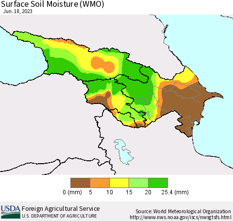 Azerbaijan, Armenia and Georgia Surface Soil Moisture (WMO) Thematic Map For 6/12/2023 - 6/18/2023