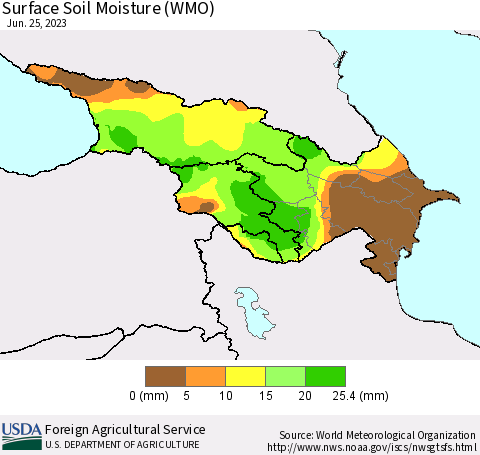 Azerbaijan, Armenia and Georgia Surface Soil Moisture (WMO) Thematic Map For 6/19/2023 - 6/25/2023