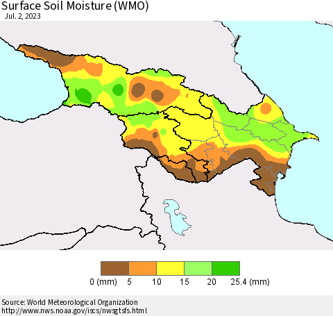Azerbaijan, Armenia and Georgia Surface Soil Moisture (WMO) Thematic Map For 6/26/2023 - 7/2/2023