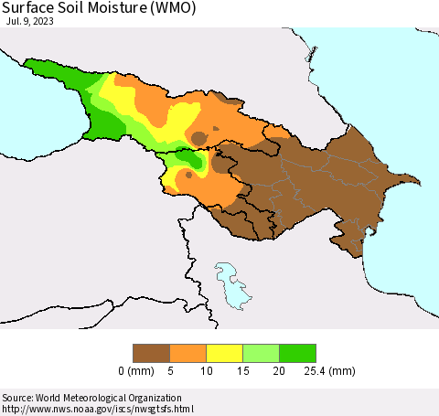 Azerbaijan, Armenia and Georgia Surface Soil Moisture (WMO) Thematic Map For 7/3/2023 - 7/9/2023