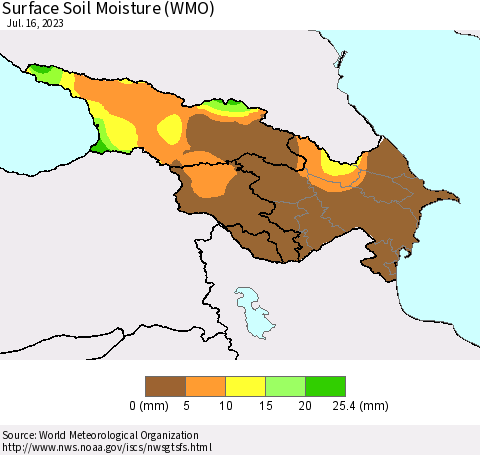 Azerbaijan, Armenia and Georgia Surface Soil Moisture (WMO) Thematic Map For 7/10/2023 - 7/16/2023