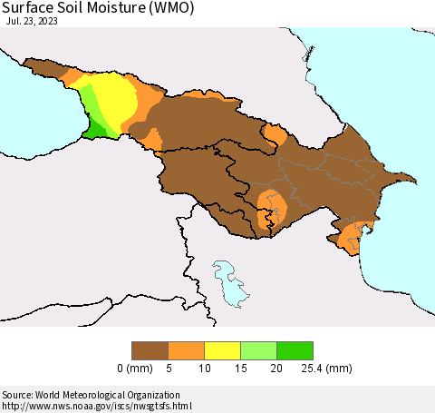Azerbaijan, Armenia and Georgia Surface Soil Moisture (WMO) Thematic Map For 7/17/2023 - 7/23/2023