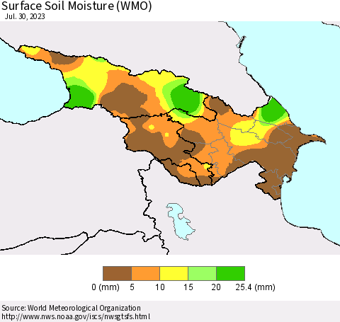 Azerbaijan, Armenia and Georgia Surface Soil Moisture (WMO) Thematic Map For 7/24/2023 - 7/30/2023