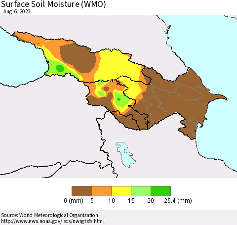Azerbaijan, Armenia and Georgia Surface Soil Moisture (WMO) Thematic Map For 7/31/2023 - 8/6/2023
