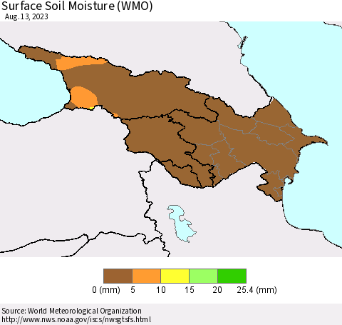 Azerbaijan, Armenia and Georgia Surface Soil Moisture (WMO) Thematic Map For 8/7/2023 - 8/13/2023