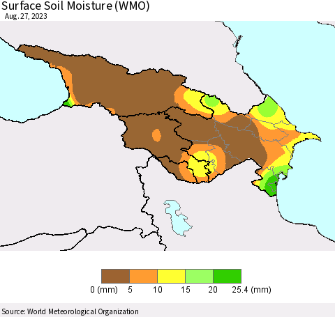 Azerbaijan, Armenia and Georgia Surface Soil Moisture (WMO) Thematic Map For 8/21/2023 - 8/27/2023