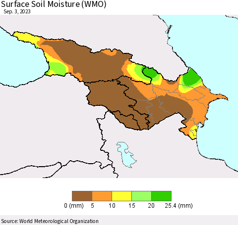 Azerbaijan, Armenia and Georgia Surface Soil Moisture (WMO) Thematic Map For 8/28/2023 - 9/3/2023