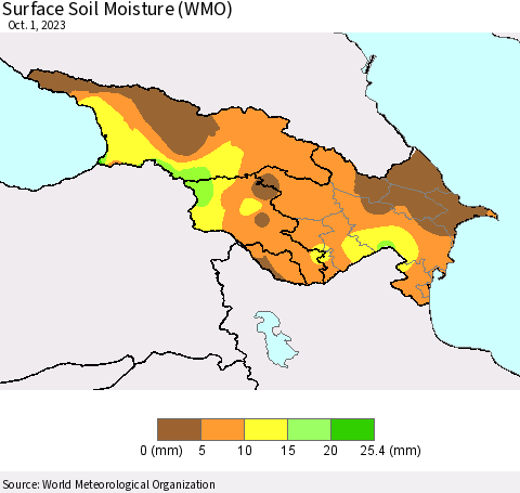 Azerbaijan, Armenia and Georgia Surface Soil Moisture (WMO) Thematic Map For 9/25/2023 - 10/1/2023
