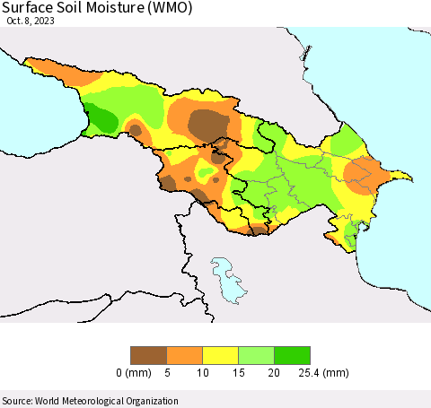 Azerbaijan, Armenia and Georgia Surface Soil Moisture (WMO) Thematic Map For 10/2/2023 - 10/8/2023
