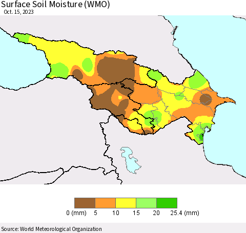 Azerbaijan, Armenia and Georgia Surface Soil Moisture (WMO) Thematic Map For 10/9/2023 - 10/15/2023