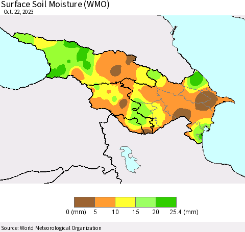 Azerbaijan, Armenia and Georgia Surface Soil Moisture (WMO) Thematic Map For 10/16/2023 - 10/22/2023